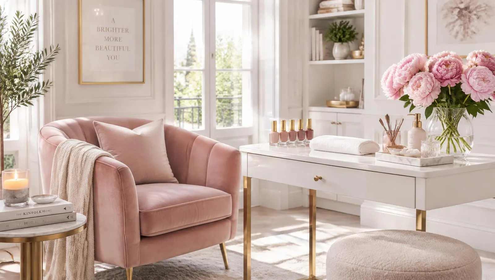 Elegant blush living room set up for an at-home manicure