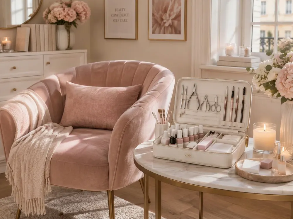 Cozy beauty corner with a velvet chair and a professional kit
